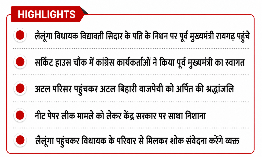 रायगढ़ पहुंचे पूर्व मुख्यमंत्री ने अटल परिसर में पूर्व प्रधानमंत्री अटल बिहारी वाजपेयी को श्रद्धांजलि दी और लैलूंगा विधायक विद्यावती सिदार के परिवार से मुलाकात के लिए रवाना हुए।